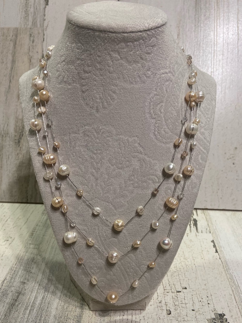 Silk Thread and Pink Cultured Freshwater Pearl Clear Crystal 3-Strand Necklace